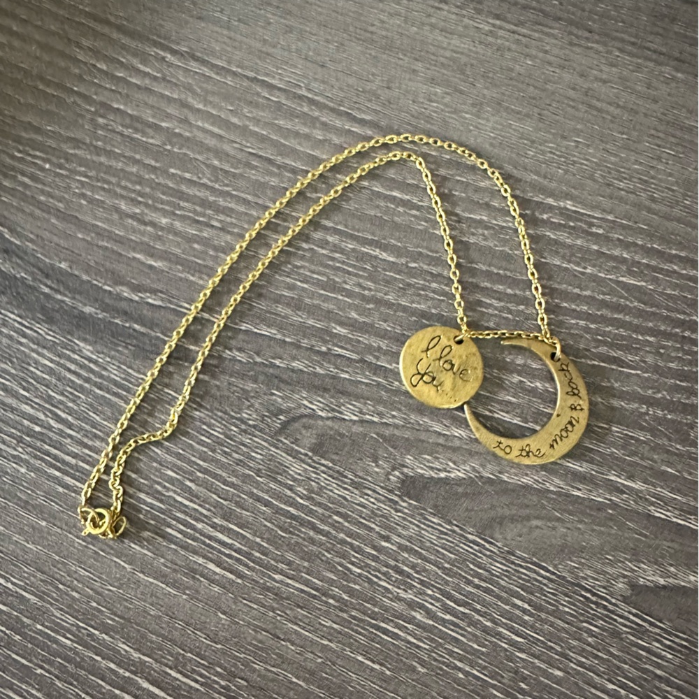 I Love You To The Moon and Back Necklace Brass Gold Tone